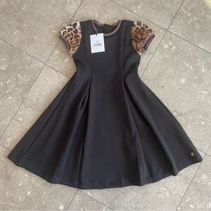 NWT Faux Fur Deux Par Deux Twirl Dress -  Leopard Faux Fur Sleeve and Pleats